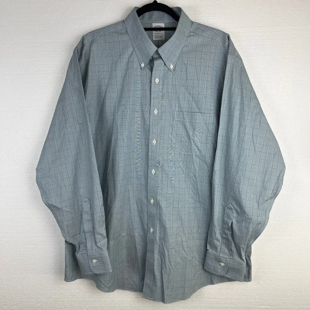 Brooks Brothers Shirt Mens 17.5 35 Blue Plaid‎ Regent Fit Non Iron Supima Cotton